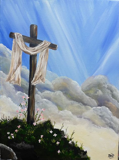 "Acrylic painting of \"His is Risen\". A cross on a beautiful hill will flowers. This painting is 12\"x16\" and beautifully varnished. Ready to hang or can be placed in any 12\"x16\" floating frame." Paintings About Hope, Painting Cross Ideas, Cross On A Hill Painting, Large Scale Acrylic Painting, Jesus Painting Aesthetic, Christian Paint Night Ideas, Gospel Painting Ideas, Cross Painting Ideas On Canvas, Acrylic Painting Christian