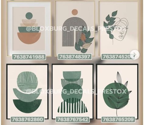 Bloxburg Boho Decals Codes, Bloxburg Decals Codes Green, Roblox Painting, Boho Decals, Bloxburg Painting, Bloxburg Pictures, Bloxburg Designs, Bloxburg School, Codes Bloxburg