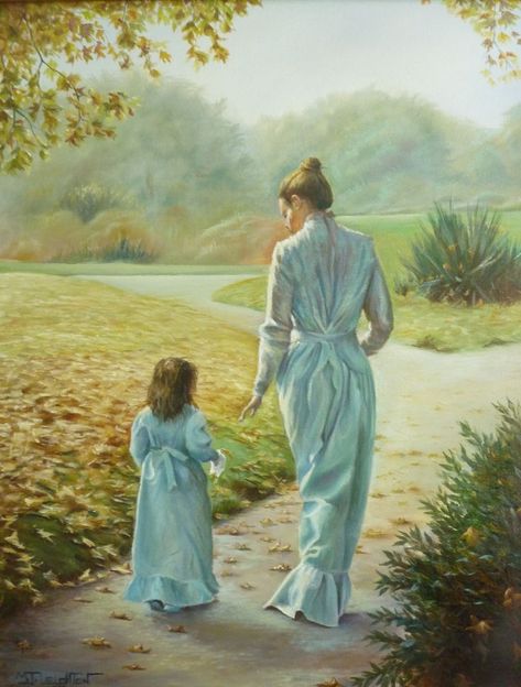 A young mother is walking through a park with her daughter gesturing to her to hold her hand. #artdiscovery #StPatricksDay2024 #StDavidsDay #art #abstract #modernart #contemporaryart #watercolours #studio #laliga #artinvestor Daughter Picture, Hand Oil Painting, Mother Daughter Art, Bird People, Guided Art, Contemporary Impressionism, Take My Hand, Digital Art Photography, Walk Together