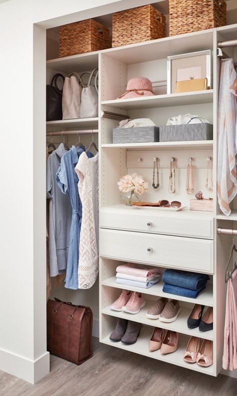 We can't get enough of this pretty closet! Why? Because it has the perfect balance of clever features and open storage, making your favorite things as easy to organize as they are to enjoy. That kind of design insight is just one of the many reasons why you'll love working with Inspired Closets. ❤️ - reach in closet ideas - reach in closet organization - vermont closet designers - closet designers in vermont - vermont contractors - reach in closet designs - closet design ideas - #vermont Roman Bedroom, Inspired Closets, Closet Redesign, Pretty Closets, Shag Hair, Custom Closet Organization, Closet Planning, Organized Closet, Reach In Closet