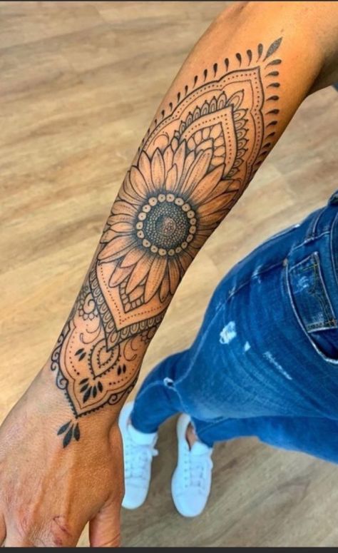 Sunflower Shin Tattoos For Women, Sunflowers Sleeve Tattoo, Mandala Tattoo Sunflower, Tattoo Ideas Female Sleeve Sunflower, Sunflower Arm Wrap Tattoo, Sunflower Lace Tattoo, Mandala With Sunflower, Sunflower Mandala Tattoo Design, Hand Tattoos Sunflower