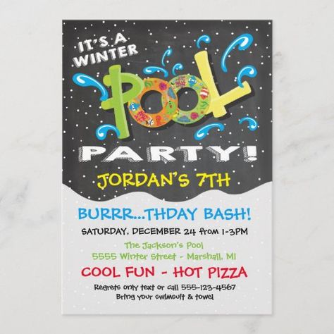 Chalkboard Winter Pool Party Invitation #winter #pool #party #winter #birthday Winter Pool Party, Pool Birthday Invitations, Winter Pool, Winter Birthday Invitations, Pool Party Birthday Invitations, Winter Birthday Parties, Summer Party Invitations, Boy Birthday Party Themes, Pool Birthday