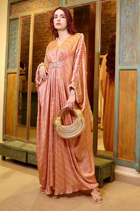 Buy Pink Satin Print Abstract V Neck Zeba Pattern Kaftan For Women by Gopi Vaid Online at Aza Fashions. Pink Kaftan, Gopi Vaid, Kaftan Pattern, White Kaftan, Kaftan For Women, Kaftan Designs, Traditional Indian Outfits, Kurta Designs Women, Ethnic Outfits