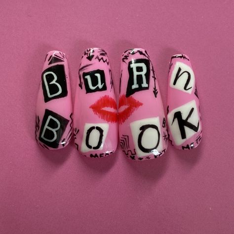 Barbie Movie Nail Art, Nails Book Ideas, Mean Girls Inspired Nails, Mean Girls Nails Acrylic, Mean Girls Nails Ideas, Burn Book Nails, Mean Girl Nails, Feminist Nails, Mean Girls Nails