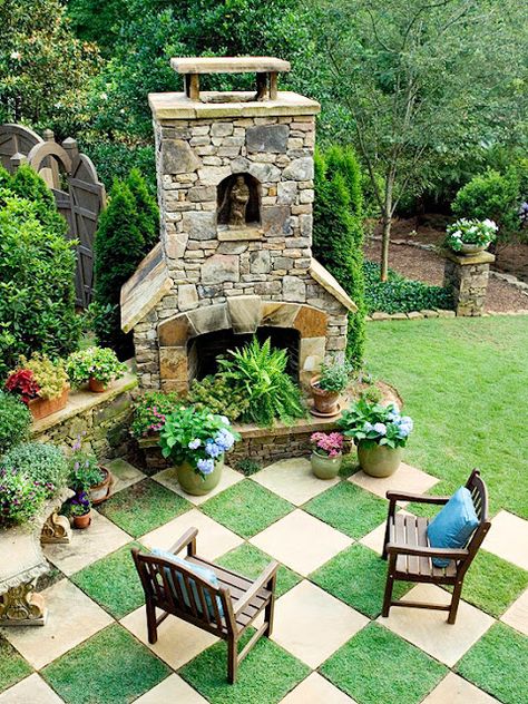 5th and state: Outdoor living space.......part 3 Stone Fireplace Designs, Outdoor Stone Fireplaces, Provence Garden, No Grass Backyard, Outdoor Stone, Raised Garden Beds Diy, Patio Landscaping, Garden Pathway, Garden Bed