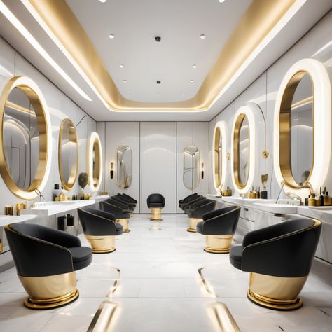 “A sleek and modern women’s spa salon, featuring black chairs. Elegant, chic, soft lighting, minimalist design.” Black And Gold Salon, Gold Salon, Realistic Render, Lighting Minimalist, Black Chairs, Black Chair, Salon Ideas, Modern Women, Elegant Chic