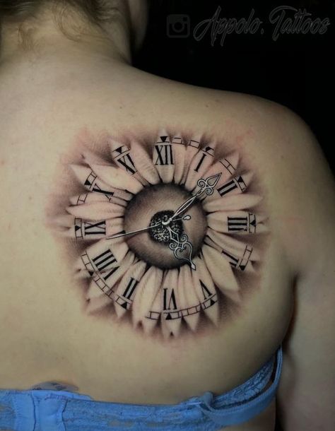 Flower clock tattoo designs Cool Shoulder Tattoos For Women Ideas, 4 Sunflower Tattoo, Mens Sunflower Tattoo For Men, Tattoos Of Sunflowers, Clock Sleeve Tattoo For Women, Watching Over Me Tattoo, Sunflower And Clock Tattoo, Time Clock Tattoos For Women, Sunflower Sleeve Tattoos For Women