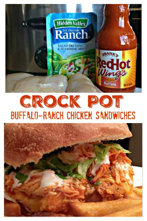 CROCK POT BUFFALO-RANCH SHREDDED CHICKEN SANDWICHES | Only 3 Ingredients to make the chicken!! These sandwiches are kickin' with flavor and a cinch to make. Great for wraps and salads too!! #Crockpot #SlowCooker #BuffaloChicken #Buffalo #Ranch #Chicken #Sandwiches #Gameday #Recipe #SweetLittleBluebird Ranch Chicken Sandwiches, Shredded Chicken Sandwiches, Buffalo Ranch Chicken, Roast Beef Sandwich, Chicken Food Recipes, Buffalo Chicken Sandwiches, Buffalo Ranch, Chicken Sandwiches, Club Sandwich