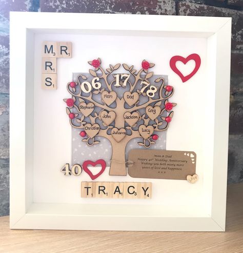 Ruby wedding anniversary gift. Parents wedding anniversary. Family tree anniversary gift. Includes up to 10 family members. Prefect ruby, silver and golden wedding gift. #handmade #etsy #rubywedding #wedding #weddinganniversary Ruby Wedding Anniversary Gifts, Pearl Wedding Anniversary Gifts, Silver Anniversary Gifts, Anniversaire Diy, Scrabble Art, Ruby Anniversary, 40th Anniversary Gifts, Ruby Wedding Anniversary, Gifts For Parents