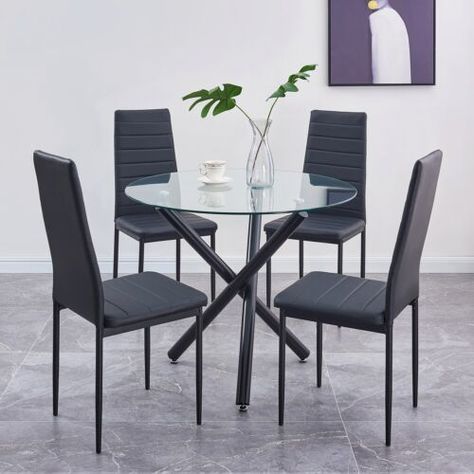 Find many great new & used options and get the best deals for Round Tempered Glass Black Dining Table&4x Black Faux Leather Dining Chairs Set at the best online prices at eBay! Free delivery for many products! Glass Dining Room Sets, Round Glass Dining Table, Glass Kitchen Tables, Contemporary Dining Room Furniture, Black Kitchen Table, Glass Dining Table Set, Round Dining Room Sets, Dining Room Furniture Sets, Glass Round Dining Table