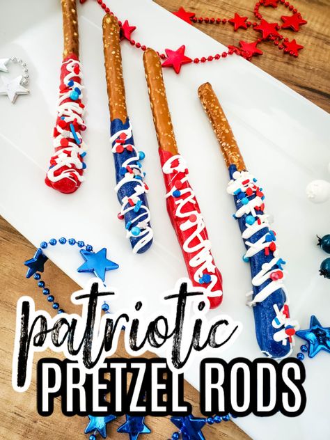 These red, white, and blue Patriotic Pretzel Rods are one of the easiest sweet and salty snack treats you can throw together for a 4th of July celebration. Peppermint Pretzel Rods, Turtle Pretzels, Easter Pretzel, Covered Pretzel Rods, White Chocolate Covered Pretzels, Candy Wafers, Pretzel Treats, Pretzel Snacks, Chocolate Covered Pretzel