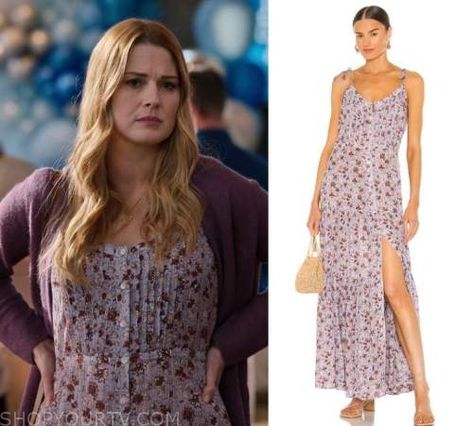 Virgin River: Season 4 Episode 10 Mel's Purple Floral Button Front Dress Virgin River Season 4, Mel Monroe Virgin River Outfits, Virgin River Mel Outfits, Virgin River Outfits, Mel Virgin River, Mel Monroe, River Outfit, Movie Outfits, Virgin River