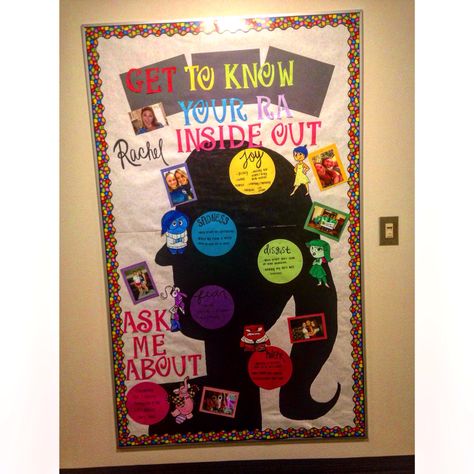 "Get to know your RA 'Inside Out'" Disney's Inside Out themed bulletin board | Ohio University Meet Your RA board. Housing and Residence Life Get To Know Us Bulletin Board, Inside Out Ra Board, Meet Your Ra Bulletin Board Ideas, Meet Your Ra Board, Ra Get To Know Me Board, Bulletin Boards College, Meet Your Ra Bulletin Board, Meet Your Ra, Resident Assistant Boards