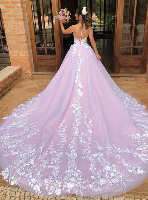 Prom Dresses Long White, Illusion Bridal Gown, Lavender Wedding Dress, Wedding Dress Necklace, Floral Wedding Gown, Lace Long Prom Dress, Colored Wedding Dress, Lace Ball Gowns, Lace Wedding Dress Vintage