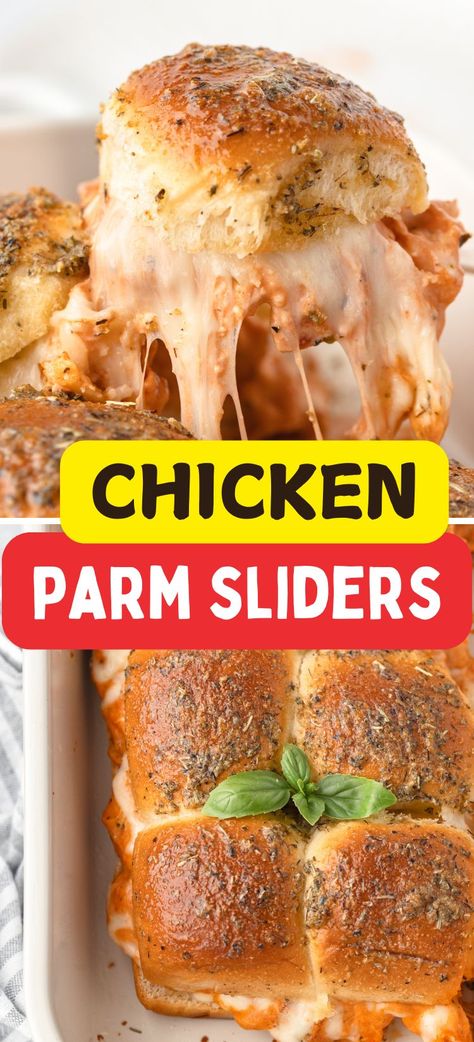 Cheesy, savory, and easy to make! These Chicken Sliders are perfect for parties, potlucks, or a quick family dinner. Made with two types of cheese and a delicious marinara sauce. Chicken Parmesan Sliders Recipe, Easy Chicken Sliders, Easy Chicken Parm, Chicken Parm Sliders, Parm Sliders, Parmesan Sliders, Chicken Parmesan Sliders, Sliders Recipes Chicken, Quick Family Dinners