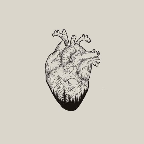 Heart And Mountain Tattoo, Heart With Mountains Tattoo, Small Heart Tattoo Men, Heart Tattoo Man, Mens Love Tattoos, Mountain Heart Tattoo, Road Trip Tattoo Ideas Small, Heart Compass Tattoo, Nature Heart Tattoo