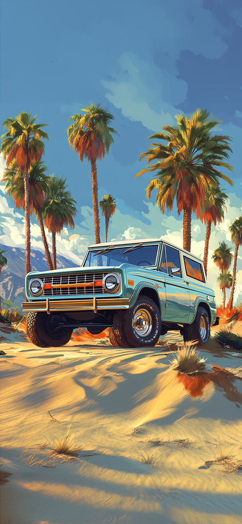 A vintage teal Ford Bronco parked on a sandy beach with tall palm trees and mountains in the background. Broncos Wallpaper, Early Bronco, Classic Bronco, Classic Ford Broncos, Back In Time, Cute Backgrounds, Ford Bronco, Cute Cars, Palm Trees