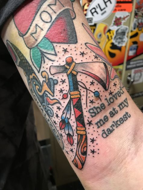 Traditional Hatchet done by Hunter Crain @inksomnia! #traditionaltattoo #tomahawk #tattooart #tattoodesign #Killedit Hatchet Tattoo Traditional, Skyrim Traditional Tattoo, American Traditional Hatchet Tattoo, Traditional Hatchet Tattoo, Hatchet Tattoo, Mace Tattoo Traditional, Traditional Tomahawk Tattoo, American Traditional Mace Tattoo, Crossed Axes Tattoo Traditional