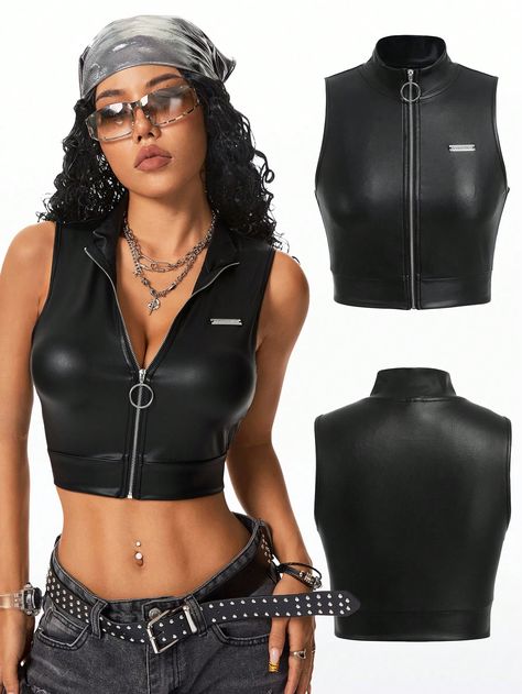 Women's Y2K Streetwear Leather Black Bodysuit Zip Up Vest Black Casual   PU Leather Plain Tank High Stretch  Women Clothing, size features are:Bust: ,Length: ,Sleeve Length: Black Leather Bodysuit, Leather Bodysuit, Combination Fashion, Zip Up Vest, Women Tank Tops, Black Tank Top, Y2k Streetwear, Top Crop, Colour Combinations