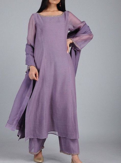 Lilac Shalwar Kameez, A Line Salwar Suits, Lilac Suits Women, Silk Kameez, Women Nightwear Dresses, Suit Dupatta, Simple Kurta, Desi Attire, Night Wear Dress