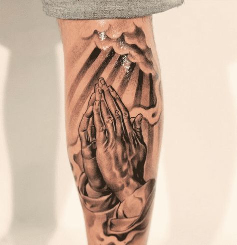 praying hands tattoo | Praying Hands Tattoos for Men - Ideas and Designs for Guys Prayer Hands Tattoo, Praying Hands Tattoo Design, Herren Hand Tattoos, Back Of Leg Tattoos, Praying Hands Tattoo, Best Leg Tattoos, Lower Leg Tattoos, Hands Tattoo, God Tattoos