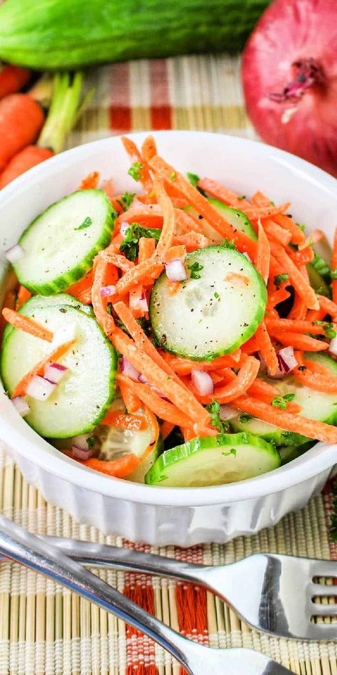 Easy carrot and cucumber salad with dressing recipe, perfect summer side dish that is cheap to make and serve at a party or potluck. Salad With Dressing, Instant Pot Beans Recipe, Best Frozen Meals, Beef Recipe Instant Pot, Viral Recipes, Cucumber Salad Recipe, Instant Pot Pasta Recipe, Summer Side Dish, Easy Steak Recipes