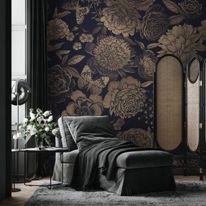 Dark Elegant Bedroom, Vintage Flower Wallpaper, Dark Floral Wallpaper, Moody Bedroom Ideas, Academia Room, Moody Wallpaper, Floral Wall Mural, Wallpaper Gold, Peony Wallpaper