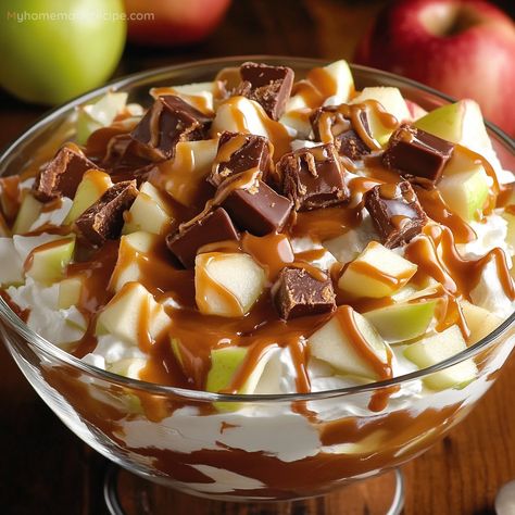 The Ultimate Caramel Apple Snickers Salad is a delectable dessert that combines the crispness of apples with the rich flavors of Snickers candy bars and a creamy, caramel-infused dressing. It's an easy-to-make and crowd-pleasing treat, perfect for any occasion. Snickers Salad Recipe, Apple Snickers Salad, Caramel Apple Trifle, Caramel Apple Salad, Snicker Apple Salad, Snickers Salad, Corn Fritter Recipes, Caramel Apples Easy, Snickers Candy