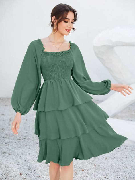 Green Romantic Collar Long Sleeve Polyester Plain A Line Embellished Non-Stretch Spring/Summer Women Dresses