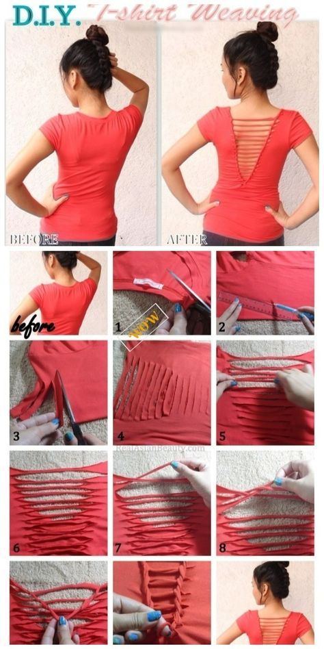 Chic T-shirt Refashion Ideas with DIY Tutorials-DIY Weaving Back T-shirt Refashion Tutorial T Shirt Redesign, Cut Tshirt Diy, Cut Up T Shirt, Umgestaltete Shirts, Cut Shirt Designs, T Shirt Weaving, Diy Cut Shirts, Shirt Makeover, Cutout Shirts