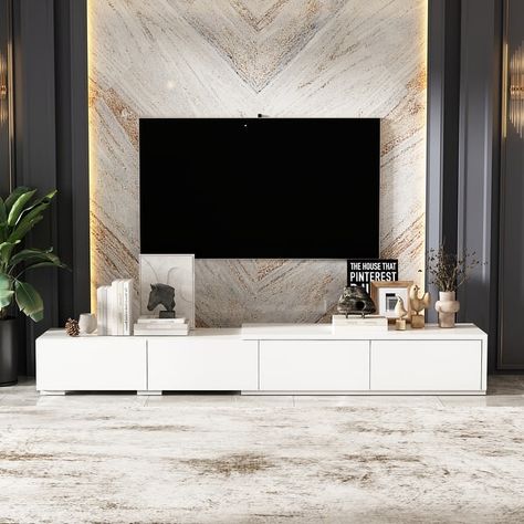 Sleek Entertainment Console - TV Stand with Storage, Media Cabinet - 86.6" - Bed Bath & Beyond - 41187805 Mid Century Entertainment Center, White Tv Cabinet, Contemporary Tv Stand, French Living Rooms, Modern Entertainment Center, White Tv, French Living, Tv Stand With Storage, Entertainment Console