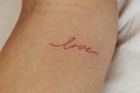 Red Amor Tattoo, Amor Tattoo, Tiny Flower Tattoos, Love Yourself Tattoo, Tattoos For Lovers, Red Ink Tattoos, Red Tattoos, Word Tattoos, Red Ink