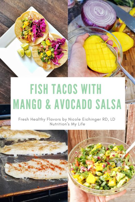 Healthy, Tasty, and Fast come together in this meal. Fish tacos with mango and avocado salsa are always a hit! Dinner in under 30 minutes. Fish Taco Meal Prep, Mango Salsa Tacos, Avocado Fish, Salsa Avocado, Mango And Avocado, Taco Meal, Fast Meals, Mango Avocado Salsa, Fish Tacos Recipe