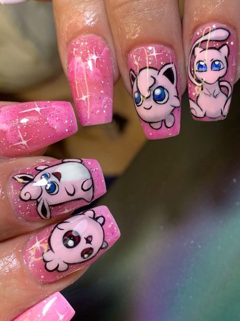 Unas de Pokémon jigglypuff Pikachu Nails, Pokemon Nails, Crazy Nail Art, Anime Nails, Nail Art Disney, Really Cute Nails, Crazy Nails, Nails Only, Kawaii Nails