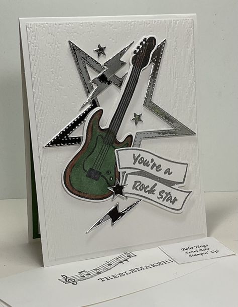 Happy Birthday, Gemma Stampin Up Epic Celebrations Cards, Rock Star Stampin Up Cards, Stampin Up Rock Star Cards, Happy Birthday Metal Rock, Guitar Birthday Card, Guitar Cards, Happy Birthday Guitar, Teenage Cards, Music Degree