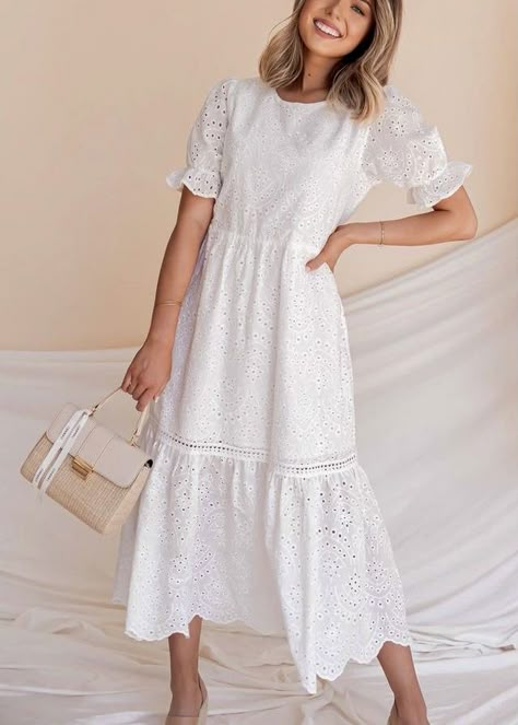 White Schiffli Dress, Summer Off-white Cotton Dress, Schiffli Dress, Summer Vintage White Dress With Broderie Anglaise, White Cotton Maxi Dress With Broderie Anglaise, White Eyelet Dress Outfit, White Cotton Voile Dress, Eyelet Dress Outfit, White Knee-length Dress With Broderie Anglaise