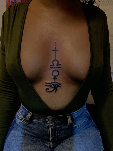 African Inspired Tattoos Woman, Arabic Neck Tattoo, Spiritual Art Ideas, Black Culture Tattoos For Women, Energy Tattoos, Egyptian Tattoo For Women, Ankh Tattoo, Spiritual Tattoo, Underboob Tattoo Designs