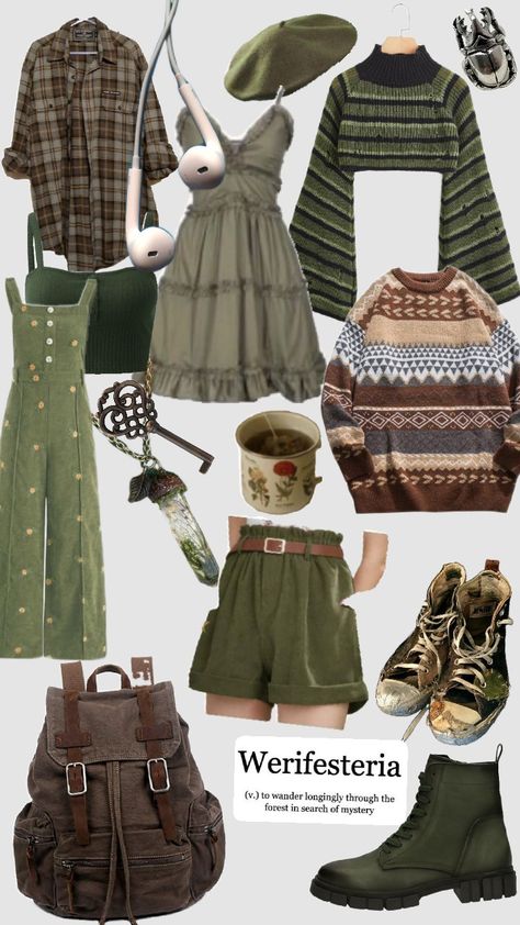 Cottage Core Aesthetic Outfits Casual, Easy Goblincore Outfit, Outfits Inspired By Nature, Fairy Vintage Outfits, Mother Nature Aesthetic Outfits, Ghosthunter Aesthetic Outfit, Goblincore Capsule Wardrobe, Forest Explorer Outfit, Forest Outfits Aesthetic