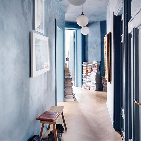 Blue Limewash Walls, Blue Limewash, Norwegian Interior Design, Norwegian Home, Limewash Walls, Books Photo, Mediterranean Home, Blue Interior, Blue Bedroom