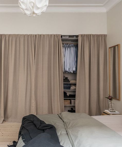 Cupboard Curtains Bedroom, Curtain Covered Closet, Cupboard With Curtain, Curtain Covering Closet, Curtains To Cover Closet, Closet With Curtains For Doors, Curtain Wardrobe Doors, Closet Curtain Ideas, Curtain Closet