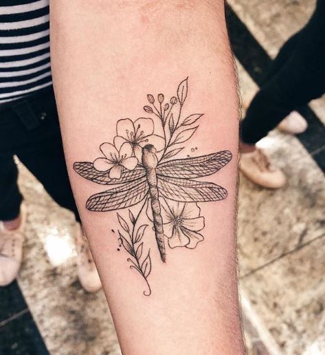 Woman Upper Arm Tattoo Sleeve, Floral Tattoo With Dragonfly, Dragonfly Tattoo Flowers, Dragon Fly On Flower Tattoo, Womens Dragonfly Tattoo, Dragonfly Lily Tattoo, Dragonfly Tattoo Design With Flowers Forearm, Half Dragonfly Half Flower Tattoo, Dragonfly And Flower Tattoo For Women