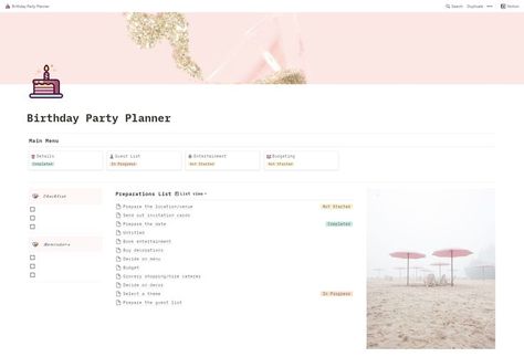 Pretty Notion, Simple Notion Template, Party Planner Template, Student Profile, Wedding Planner Career, Free Notion Templates, Simple Birthday Party, Birthday Party Planner, Birthday Vibes