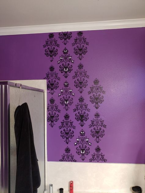 Started the stinceling on the accent wall. Found on etsy Haunted Mansion Nursery, Haunted Mansion Themed Bathroom, Haunted Mansion Wallpaper Svg, Haunted Mansion Wallpaper Desktop, Mansion Bathroom, Haunted Mansion Stretching Room, Haunted Mansion Decor, Haunted Mansion, Man Cave