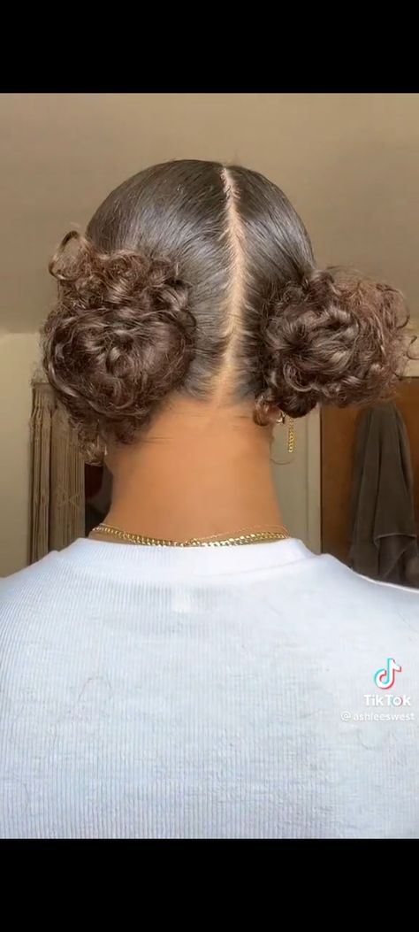 Basketball Curly Hairstyles, Two Low Buns Curly Hair, Curly Buns Black Women, Two Low Curly Buns, Two Low Buns Natural Hair, Cute Curly Hair Updos, Athletic Hairstyles For Curly Hair, Two Low Buns, Curly Hair Sports Hairstyles