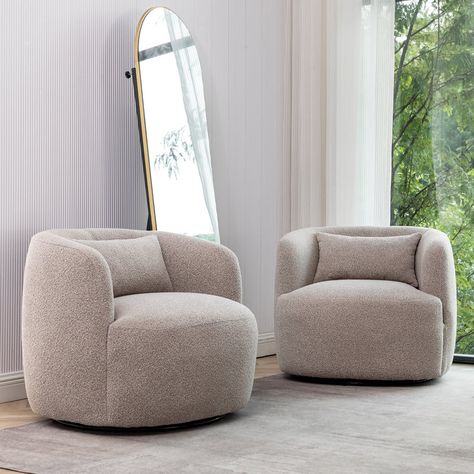 Orren Ellis Armetta 34" Wide Boucle Upholstered Swivel Armchair & Reviews | Wayfair Single Sofa Chair, Swivel Barrel Chair, Swivel Accent Chair, Swivel Armchair, Single Sofa, Upholstered Arm Chair, Barrel Chair, Front Room, Sofa Chair