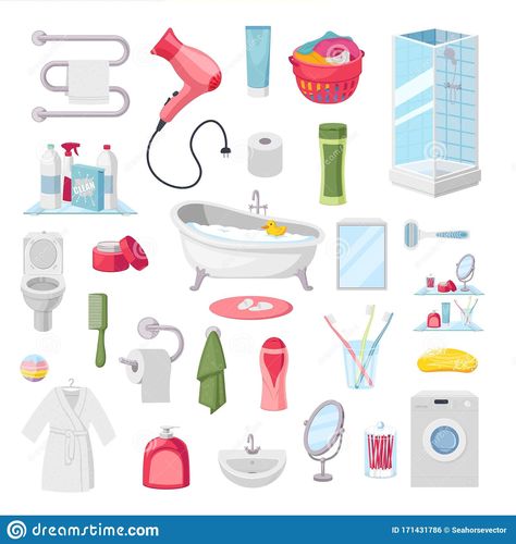 Bathroom accessories personal hygiene items, vector illustration. Illustration about comb, item, clean, bath, hygiene, bathtub, lotion, design, home, bottle, isolated - 171431786 Toilet Illustration, Personal Hygiene Items, Personal Illustration, Paper Dolls Clothing, Girls Nursery, Personal Hygiene, Graphic Artist, Cartoon Styles, Art Canvas