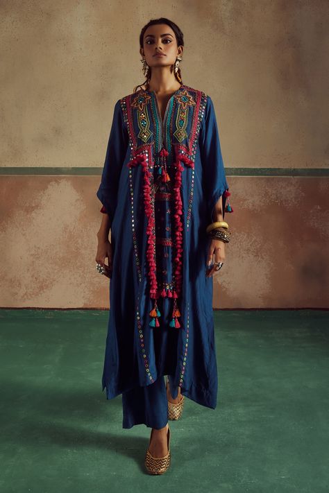 Boho Tassels, Blue Kurta, Indian Bridal Dress, Kurta With Pants, Silk Embroidery, Bridal Dress, Indian Bridal, Aza Fashion, The Label