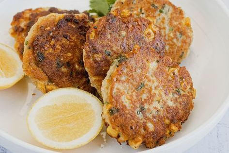 Salmon and Corn Fritters Salmon And Corn, Fridge Staples, Corn Fritter, Corn Fritter Recipes, Bear Recipes, Meals To Make, Fish Pie, Australia Food, Corn Fritters