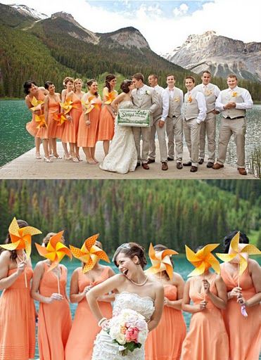 bridesmaid pinwheels! and groomsmen mini pinwheels! two hot pink patterns to compliment the hot pink toms. Peach Bridesmaid, Groomsmen Grey, Coral Bridesmaid, Orange Bridesmaid, Orange Bridesmaid Dresses, Bridesmaids Dress Inspiration, Pink Bridesmaid Dress, Orange Wedding, Peach Wedding