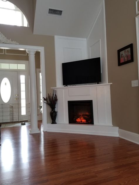 Corner Tv Unit With Fireplace, Corner Fireplace Hearth, Corner Fireplace With Tv, Corner Fireplace With Tv Above, Fireplace With Tv, Corner Fireplace Living Room, Tv Above Fireplace, Fireplace Tv Mount, Corner Electric Fireplace